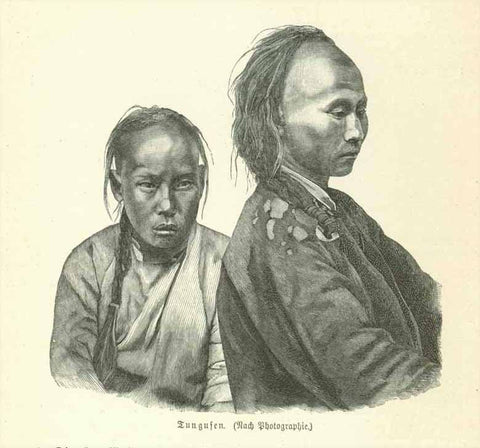 "Tungusen"  There are about 11 million Tungesen in China and a few in Mongolia and Russia.  Wood engraving made from a photograph 1895. Below the image and on the reverse side is text about the Tungusen, Jaluten and Julagiren.