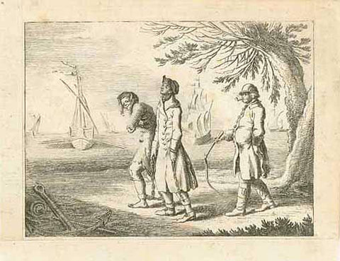 No Title  Slave is chained at the foot by a slave dealer and followed by another with a whip. In the background are ships waiting.  Copper engraving ca 1780. The left and lower margins have been added. Minor signs of age and use.  Original antique print  Kolonialgeschichte, Sklavenhandel, Sklaven