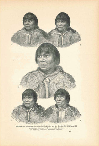 "Durchbohrte Knockenstuecke als Halter des Fellkleides aus der Rentier-Zeit Suedfrankreichs"  Wood engraving showing the bone holders on the fur clothes of the Magdalenian culture in Southern France. This shws a reconstruction possibility by D. Schoetensack ca 1900.  On the reverse side is a photo showing bone instruments and text.  Published ca 1905.  Original antique print 