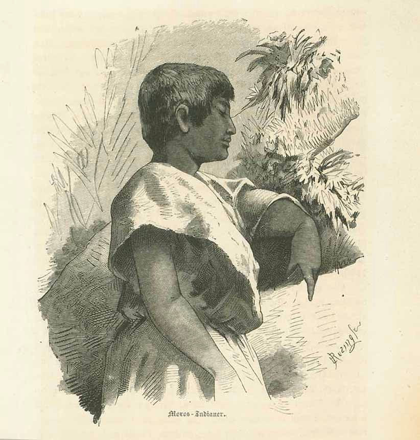 "Moros-Indianer" (Bolivia)  Below the wood engraving is text that continues on the reverse side about the indigenous peoples of Bolivia. Published 1877.  Original antique print 