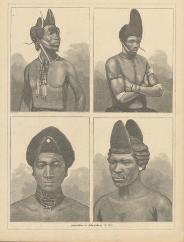 "Haartrachten der Zulu-Kaffern", Hairstyles  South Africa, Ethnology, Anthropology, Haartracht, Hairstyles,  Wood engraving showning hairdos of Zulu peoples. Published 1879.
