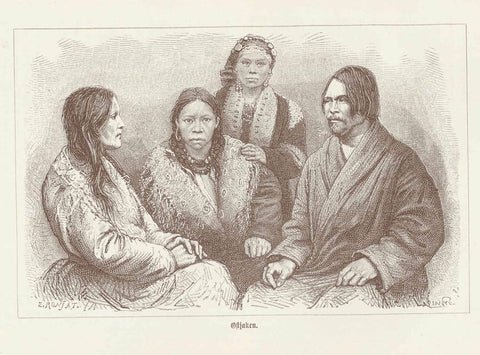 "Ostjaken" (also known as Chanten)  Peoples, Siberia, Chanten, Ostjaken, Finno-Ugrische Ethnie  Wood engraving published 1890.  Original antique print  