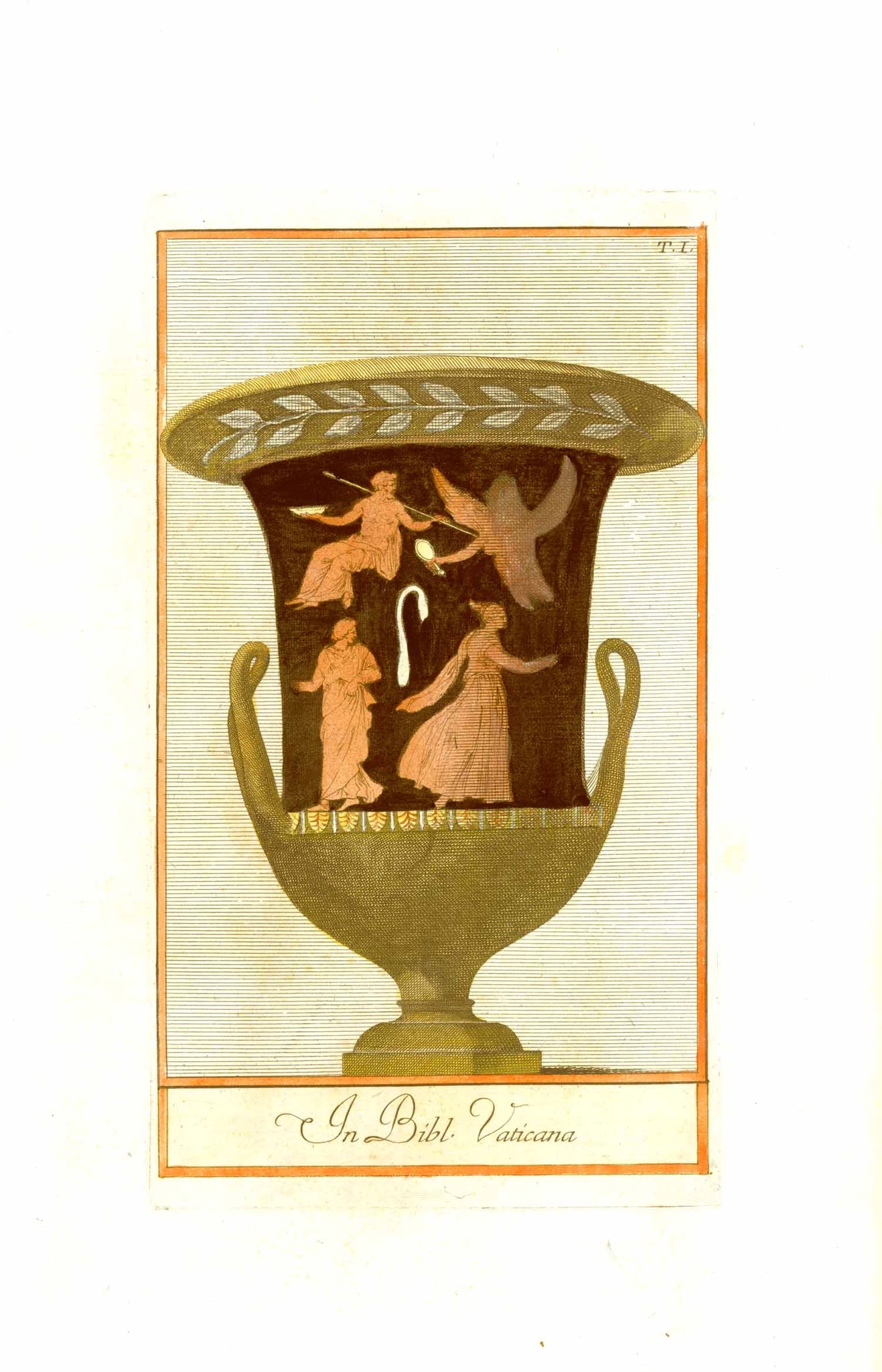 ETRUSCAN VASE  in fine modern hand coloring from  "PICTURAE ETRUSCORUM IN VASCULIS  nunc primum in unum collectae  explicationibus, et dissertationibus illustratae  a Joh. Baptista Passerio Nob. Pisaur.