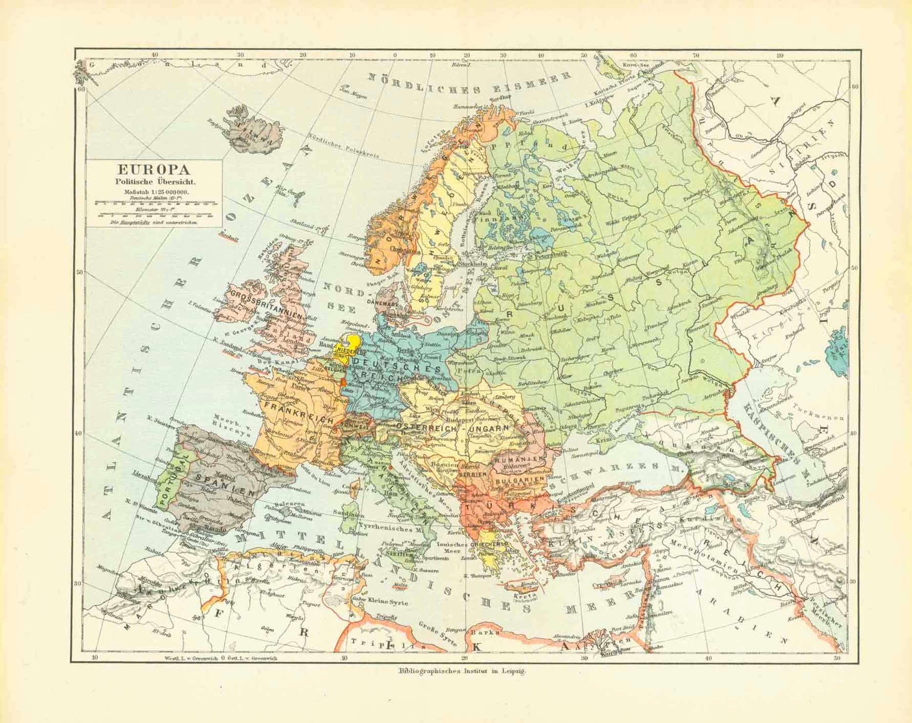 "Europa Politische Uebersicht" (political map of Europe)  Politcal situation of Europe in 1906.  Original antique print , interior design, wall decoration, ideas, idea, gift ideas, present, vintage, charming, special, decoration, home interior, living room design
