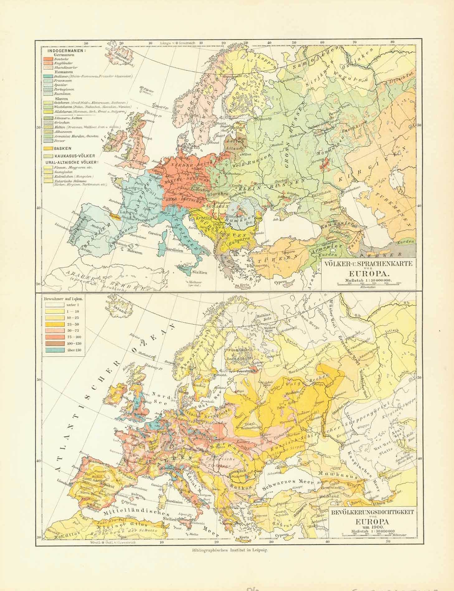 Upper Map: "Voelker- u. Sprachenkarte Europa" (ethnic and language map of Europe) Lower map: "Bevoelkerungsdichtigkeit von Europa" (population density of Europe)  Published 1906.  Original antique print 