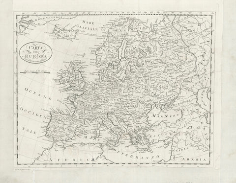 "Carta dell'Europa"  Rare map of Europe.  Copperplate etching by Carlo Cominotti.  Published by Vignozzi. Livorno, ca. 1820  This map of Europe produced by an Italien engraver and publisher, was part of a duodez (small) book. Several vertical and horizontal folds indicate the duodez format.  Place names are spelled in the Italian version.