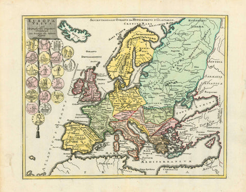 "Europa Vetus"  Copper etching with beautiful original hand color.  Published in the historical atlas "Geographiae antique"  By Christoph Weigel (1654-1725)  Nuremberg, ca. 1720  Map shows Europe antique times, and the Roman provinces during the time of the largest extension of the Roman Empire. Upper left has title cartouche, from which hang two gimps with  antique coins and medals attached.  Original antique print 