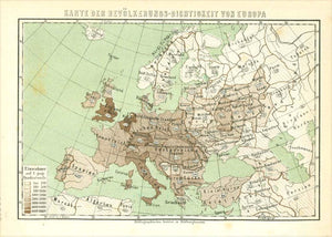 "Karte der Bevoelkerungs Dichtigkeit von Europa"  Xylograph published ca 1875. Attached to the map is a separate page with very detailed statistics on both sides of the page. The population for each country and it regions is given.  Original antique print  