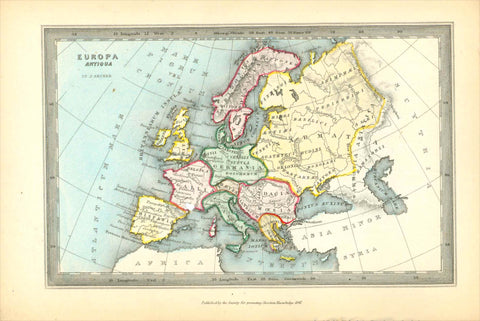 Antique M'a, "Europa Antiqua"  Rare copper engraving map by Joshua Archer (1792-1863) Published by the Society for Promoting Christian Knowledge in 1847. Very attractive original hand coloring. Ancient names of pepole and places  Original antique print    For a 30% discount enter MAPS30 at chekout 