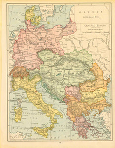 "Central Europe"  For a 30% discount enter MAPS30 at chekout   Map of Central europe printed in color and published 1894. Of special interest is a diagram of Kansas (51,700 square miles) in the upper right to show its size compared to Central Europe. On the reverse side is text about some of the countries on the map.  Original antique print  