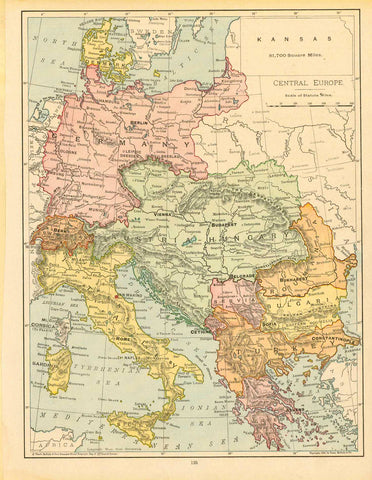 "Central Europe"  For a 30% discount enter MAPS30 at chekout   Map of Central europe printed in color and published 1894. Of special interest is a diagram of Kansas (51,700 square miles) in the upper right to show its size compared to Central Europe. On the reverse side is text about some of the countries on the map.  Original antique print  