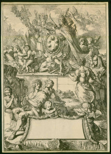 Title page for "De jure belli ac pacis" (On the Law of War and Peace).  By Hugo Grotius (1583-1645)  Copper etching by Romeyn de Hoghe (1645-1708)  Title page before lettering, PROOF, Mythology, Woman Pope, King David, Antique musical instruments  De Hooghe etched this title for the above book by Grotius. But the book was published with a different title page by de Hooghe in Amsterdam, 1670.