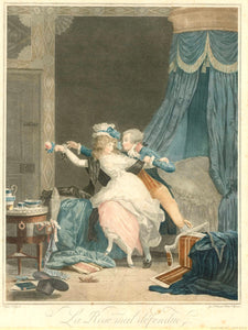 "La Rose mal defendue" "dessine et grave par Deboucourt peintre graveur"  Color etching (Farbradierung) by Philippe Louis Debucurt. Printed 1791.  A charming galant and decorative scene Color etching is a difficult technical method of printing the various colors.