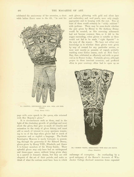 "Some Historic Gloves"  Two pages with text and wood engraving images on both sides. Published 1895.