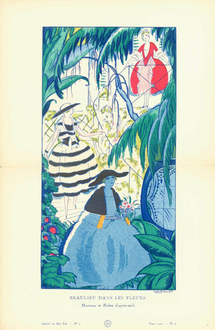 "Beaulieu dans les Fleurs - Manteau et Robes d'apres-midi"  Chromo-lithograph after the drawing by Robert Bonfils (1886-1972)  Elegant ladies fashions for the afternoon.  Published in "Gazette du bon Ton"  Paris, 1920  Original antique print 
