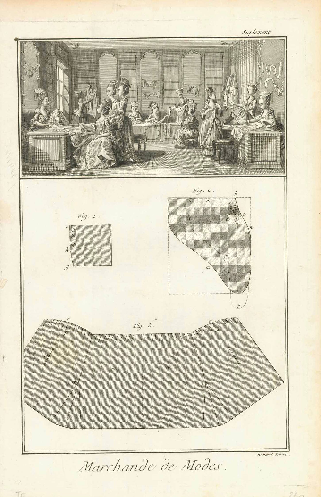 "Marchande de Mode"  (Ladies Fashion, Boutique)  Copper etching by Robert Bernard (1734-1777)  Published in  "Encyclopedie" by Denis Diderot (1713-1784)   and Jean-Baptiste le Rond d'Alembert (1717-1783)   Paris, 1751-1780 - (36 volumes)  Lively scene in a ladies fashion boutique. Below: A sewing pattern., interior design, wall decoration, ideas, idea, gift ideas, present, vintage, charming, special, decoration, home interior, living room design