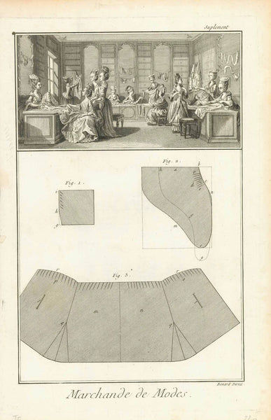 "Marchande de Mode"  (Ladies Fashion, Boutique)  Copper etching by Robert Bernard (1734-1777)  Published in  "Encyclopedie" by Denis Diderot (1713-1784)   and Jean-Baptiste le Rond d'Alembert (1717-1783)   Paris, 1751-1780 - (36 volumes)  Lively scene in a ladies fashion boutique. Below: A sewing pattern.