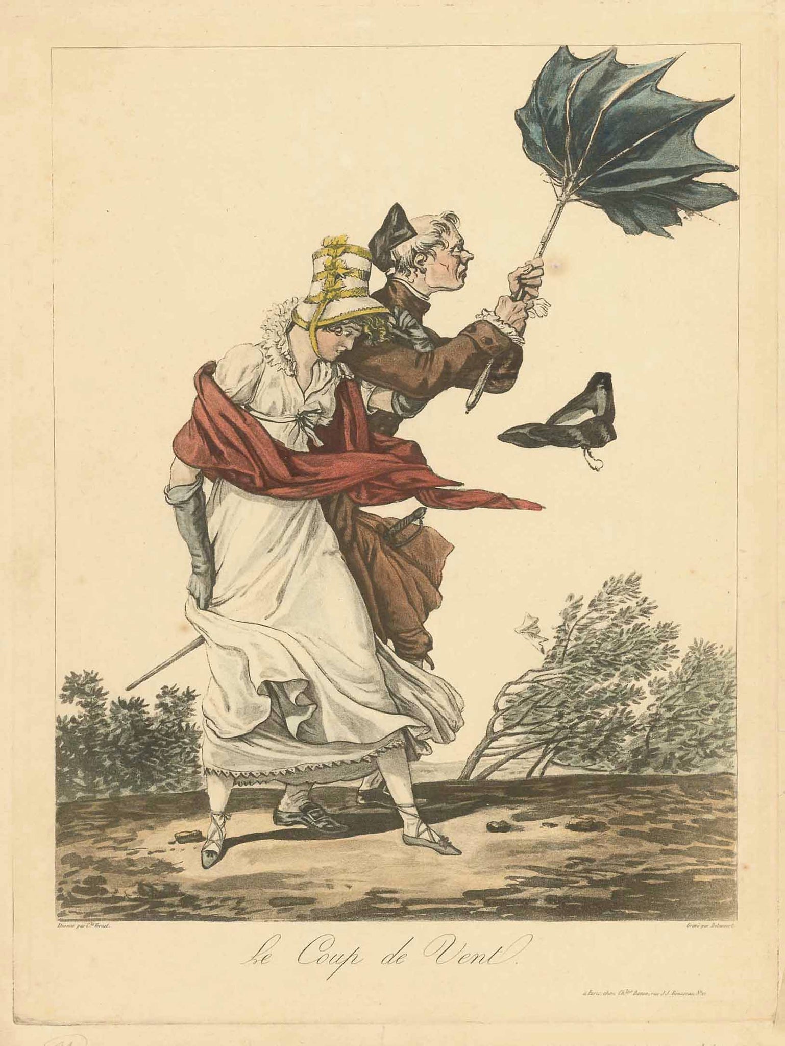 "Le Coup de Vent" (Biedermeier Fashion. UMBRELLA)  A ghastly happening - when a stormy gust hits the promenading couple, turning the protective umbrella inside out, sending the man's hat flying away .  The lady, in Biedermeier attire is hanging onto the arm of her companion and her own hat, which is in danger of falling victim to this tempest.  Aquatint by  Philibert-Louis Debucourt (1755-1832)  After the drawing by Antone Charles Horace Vernet (1758-1836)  Publisher: Charle Bance  Paris, ca. 1840