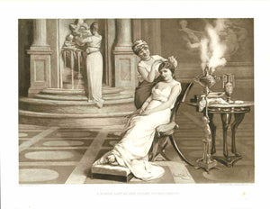 "A Roman Lady at her Toilette. Fourth Century"  Photogravure after the painting by Amos Cassioli (1832-1891)  Roman Lady has her hair done in a very elegant home setting.  Published in London, ca. 1890  Original antique print 