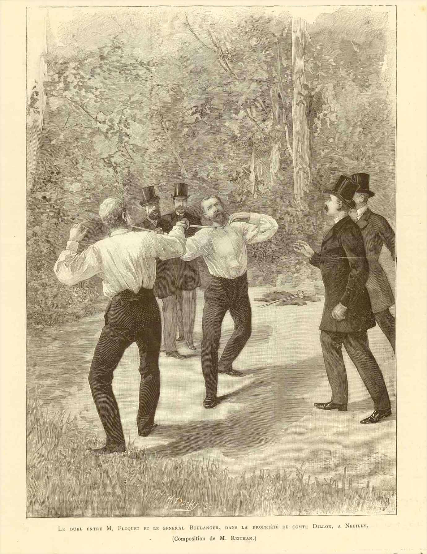 "Le Duel entre M. Flouquet et le General Boulanger, Dans le Proprite du Comte Dillon, a Neuilly"  Wood engraving dated 1888. 