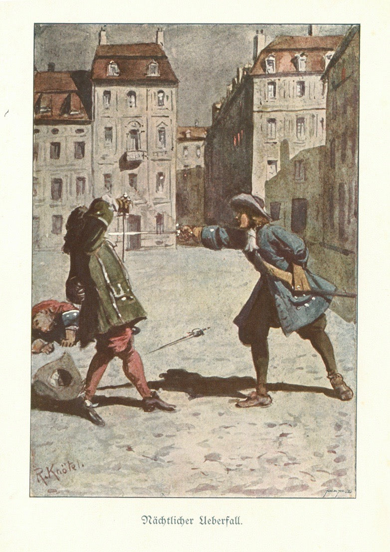 "Naechtlicher Ueberfall" (Attack at night)  Chromolithograph by R. Knoetzi, published 1910.