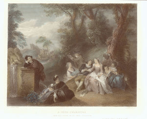 "A Fete Campetre"  Steel engraving by Pelee after J. B. Pater ca 1850. Attractive hand coloring.
