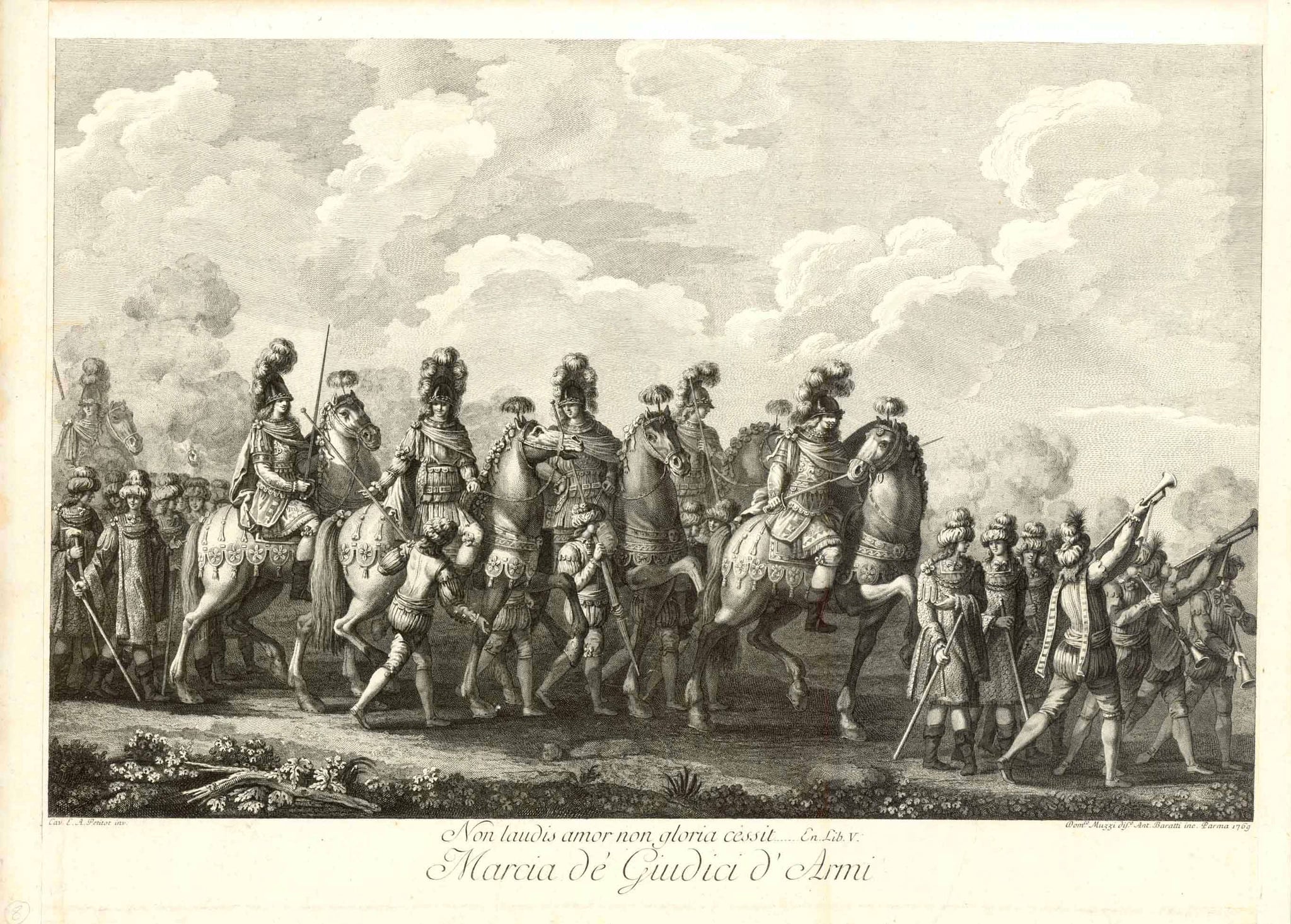 "Non laudis amor non gloria cessit"  "Marcia de Giudici d'Armi"  Entry of the referees of the weapons (for a joust) on horseback and on foot. In from of entry march fanfare players.  Copper etching by Antonio Baratti after the drawing by Domenico Muzzi and the painting by  Ennemond Alexandre Petitot (1727-1801)  Parma, 1769  Original antique print 