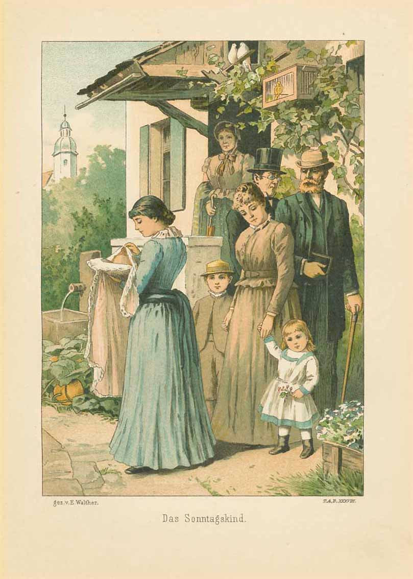 "Das Sonntagskleid" (Sunday clothes)  Chromolithograph after E. Walther, published 1892. The young women in front has a baby in her arms. Maybe they are going to a baptism.  Original antique print  