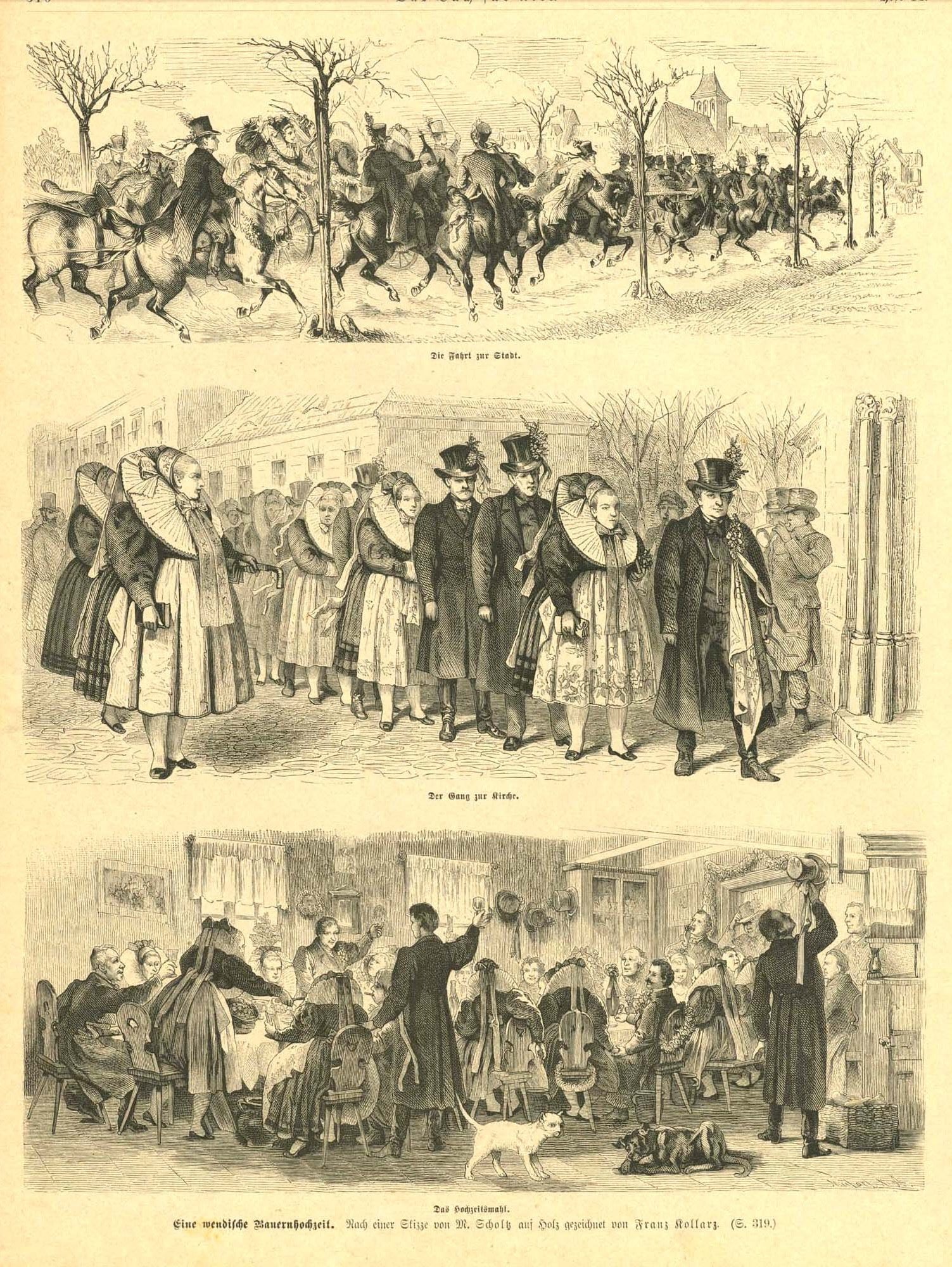 "Eine wendische Bauernhochzeit" (a Wendish farmer's wedding)  Upper image: "Die Fahrt zur Stadt" Middle image: "Der Gang zur Kirche" Lower image: "Das Hochzeitsmahl"  Wood engraving by Franz Kollarz after M. Scholz published 1879, interior design, wall decoration, ideas, idea, gift ideas, present, vintage, charming, special, decoration, home interior, living room design