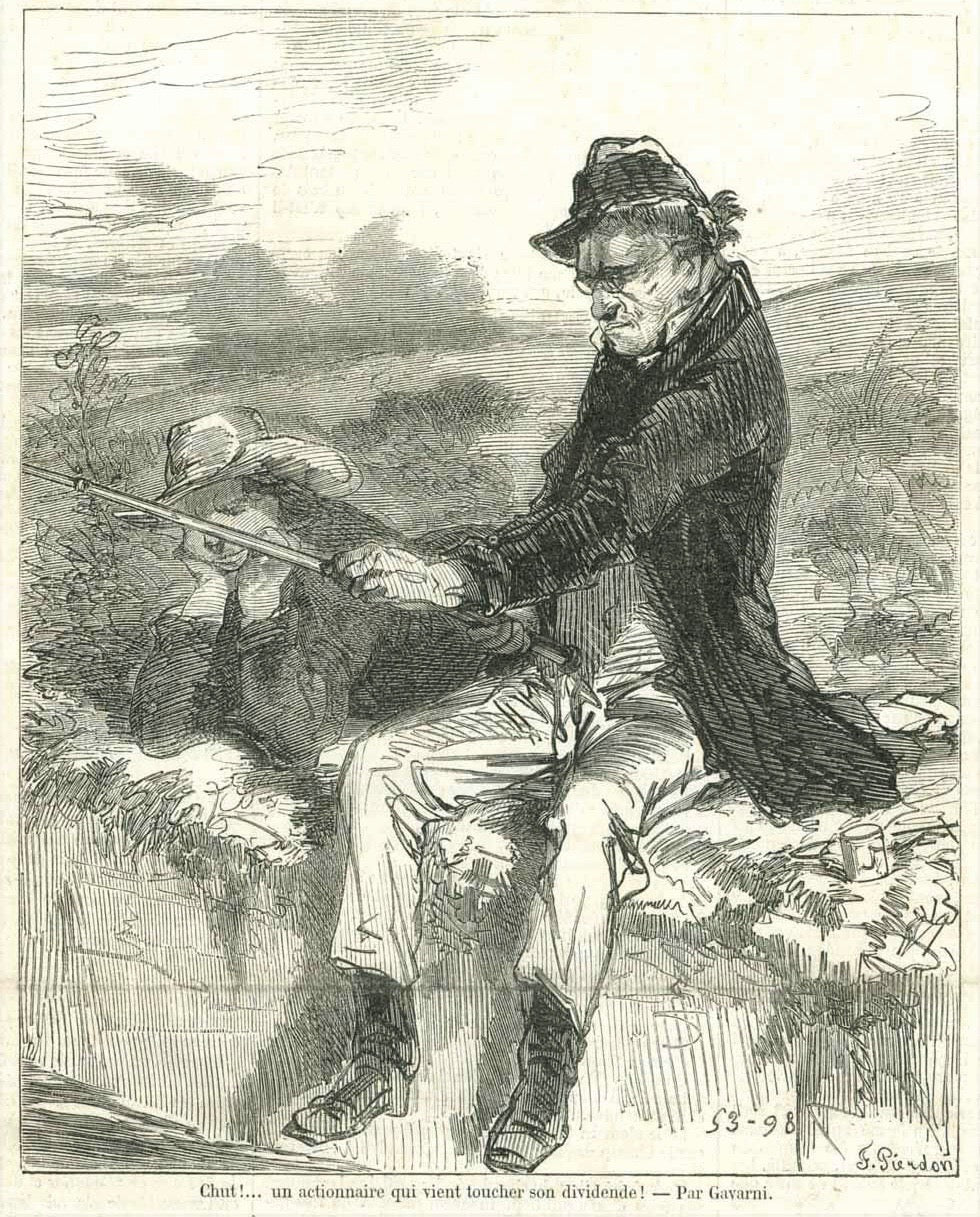 "Chut!......un actionnaire qui vient toucher son dividende!"  A stockholder going to get his dividends!  Wood engraving by F. Pierdon after Gavarni. Published 1857.