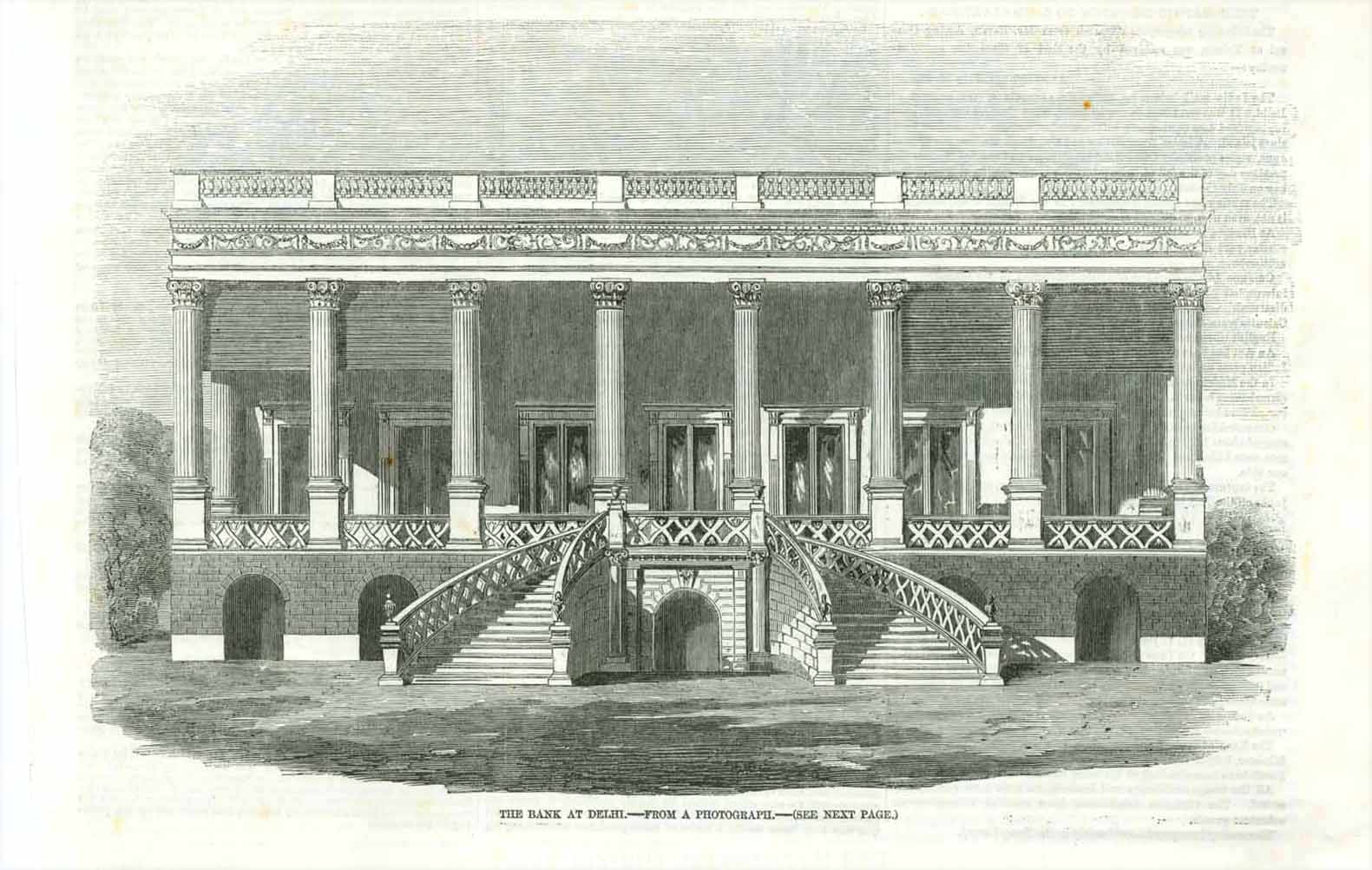 The Bank at Dehli"  Wood engraving made after a photograph dated 1857. The print is on a page of text about India that continues on the reverse side.