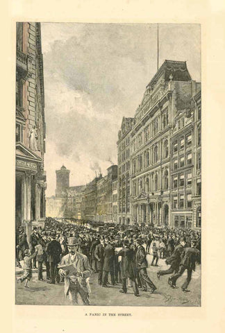 "A Panic in the Street"  Wood engraving 1890. In the center of the image is a patch of yellow color. Reverse side is printed.