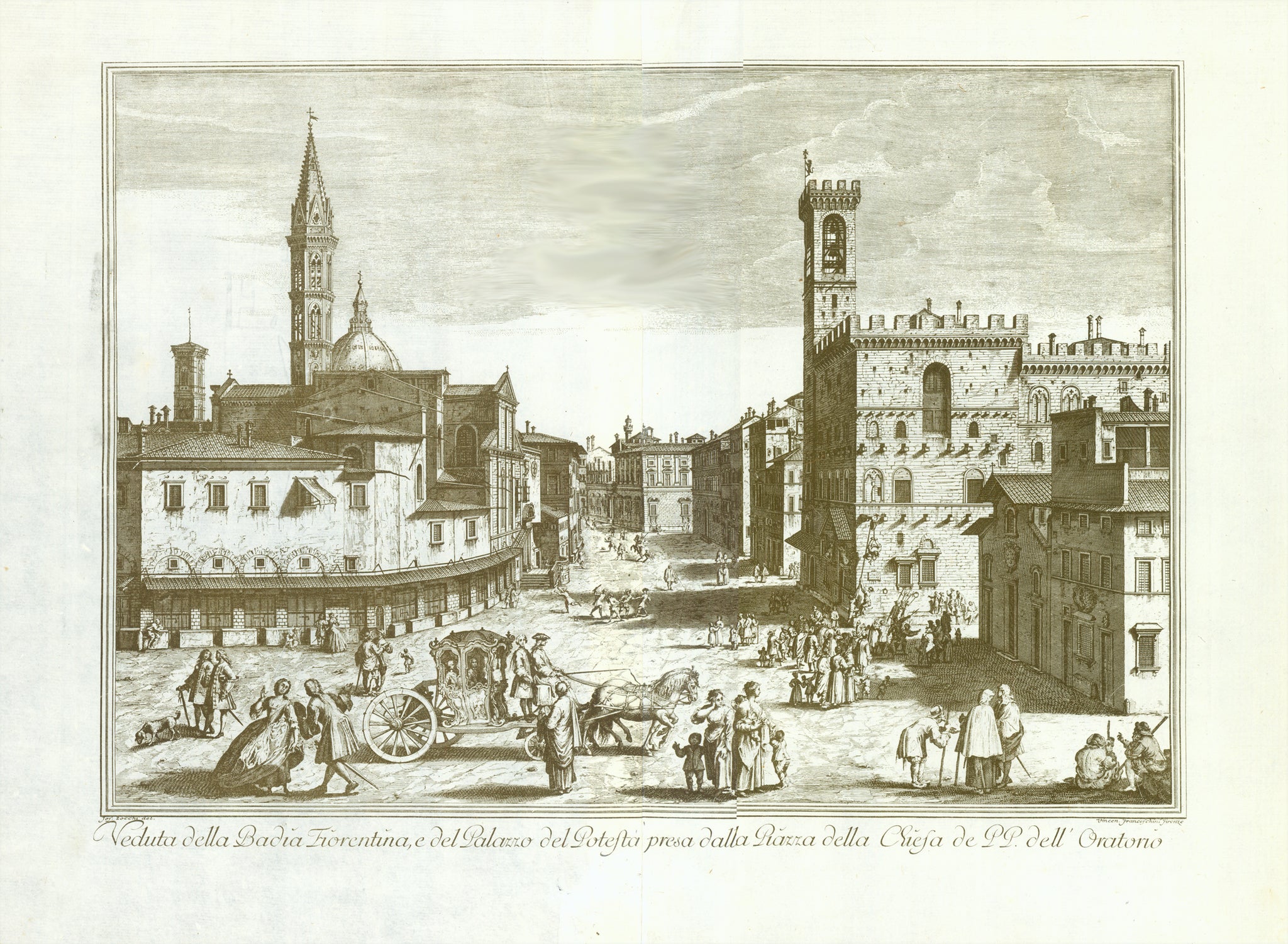 "Veduta della Badia Fiorentina, e del Palazzo del Potesta presa dalla Piazza della Chiesa de PP dell'Oratorio"  Copper etching by Vincent Franceschini (1695-1770)  After the drawing by Guiseppe Zocchi (1717- 1767)  Published in Augsburg, 1744