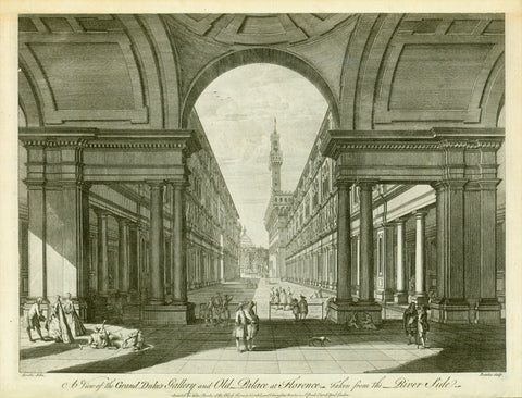 "Florence. - "A View of the Grand Duke's Gallery and Old Palace at Florence Taken from the River Side"  Copper etching by Thomas Bowles (1689-1767)  After the drawing by Guiseppe Zocchi (1711-1717)  Published by John Bowles (1701-1779)  London, ca. 1760  View of the "Uffici", one of the most famous museums in the world. We are looking, River Arno in back of us, towards the Palazzo Vecchio and into the Piazza degli Uffici. Built from 1560 to ca. 1580. Actually built to house Florence government offices (that