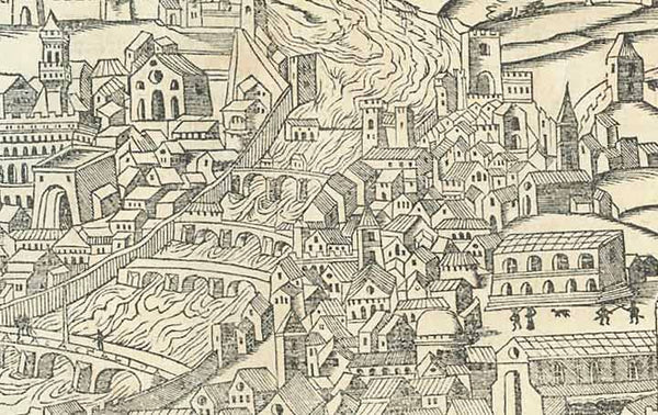 Florence, Firenze. - "Figur und gelegenheit der edlen / mechtigen und hoch veruempten statt Florentz"  Title inside image: "Die Stat Florentz"  Woodcut.  Published in "Cosmographia" by Sebastian Muenster (1488-1552)  German edition  Basel, 1553  Half bird's eye view of the capital of Toscana, but also capital of Renaissance.