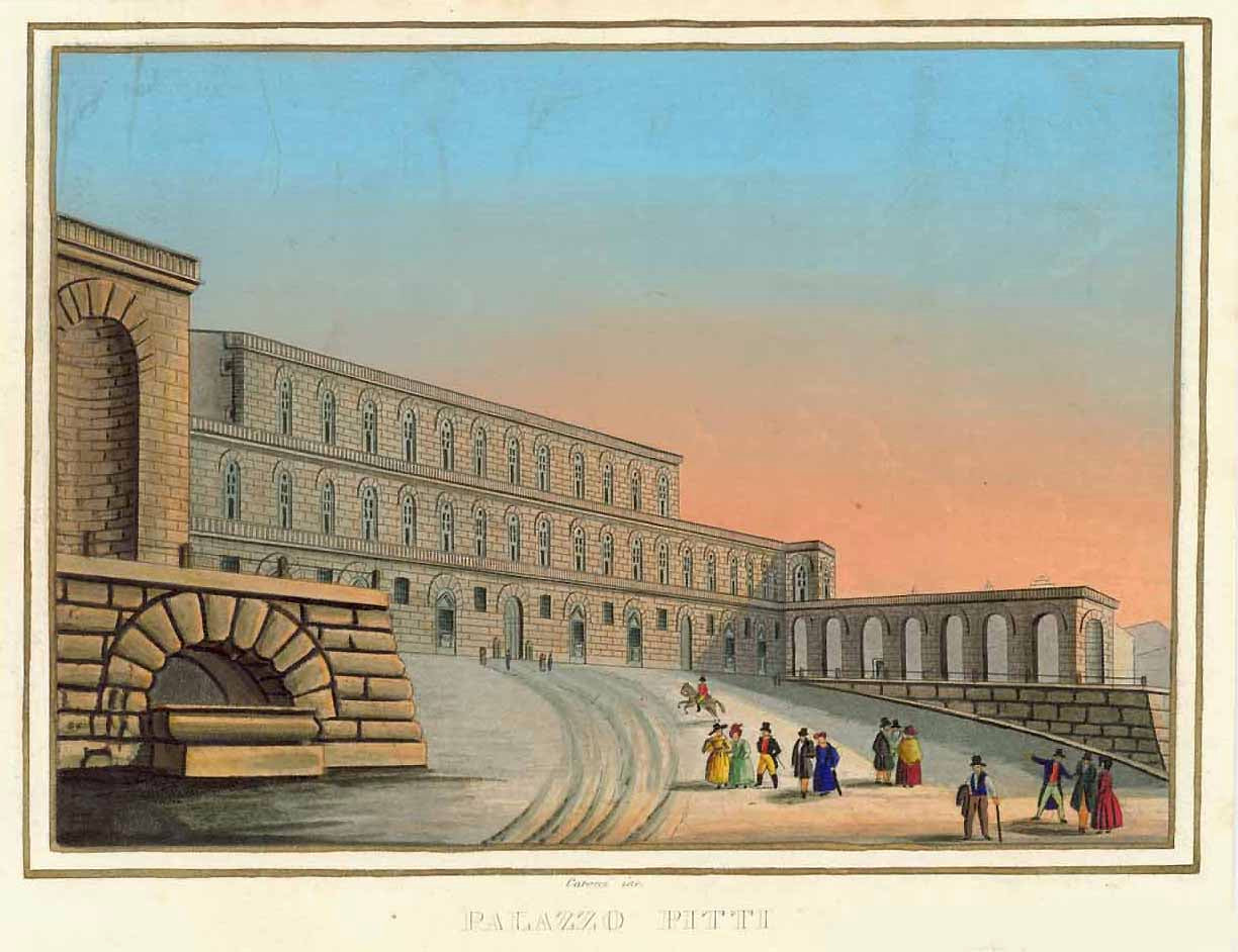 Florence. - "Palazzo Pitti"  Aquatinta (copper) by Giustino Carocci (1817-1872)  Finest original hand coloring.  Florence, ca. 1835  Original antique print  , interior design, wall decoration, ideas, idea, gift ideas, present, vintage, charming, special, decoration, home interior, living room design