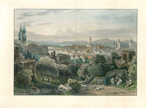 ITALY, FLORENCE  Ohne Titel. PROOF PRINT before subtitling  PROBEDRUCK VOR DER SCHRIFT  Florence - Firenze - Florenz  Large general view of the city center alongside the River Arno.Seen from an elevation, near the city, then still a pasture.  Hand-colored steel engraving by Karl August Lindemann (1819-1891)  At age 9 Lindemann his father died. He was later adopted by his uncle Carl Ludwig Frommel. Lindemann-Frommel traveled widely in Italy during the years 1844 to 1849