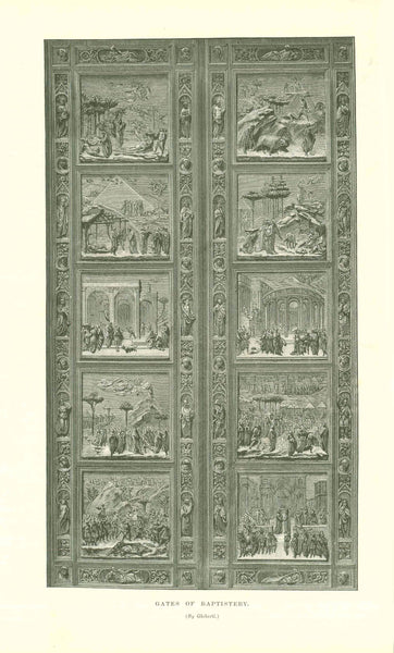 "The Church of Santa Croce"  Florence  "Gates of the Baptistery"  4 separate pages with article "Cradles of Art Florence" about the great art and artists of Florence. 5 wood-engraving images. Published ca 1890.  Original antique print  