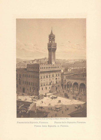 Antique print of Florence, "Piazza della Signoria, Florence. Piazza della signoria in Florenz"  Anonymous lithograph printed in a very pleasant sepia tone. Published 1889.  Original antique print  interior design, gift ideas, vintage, decoration 