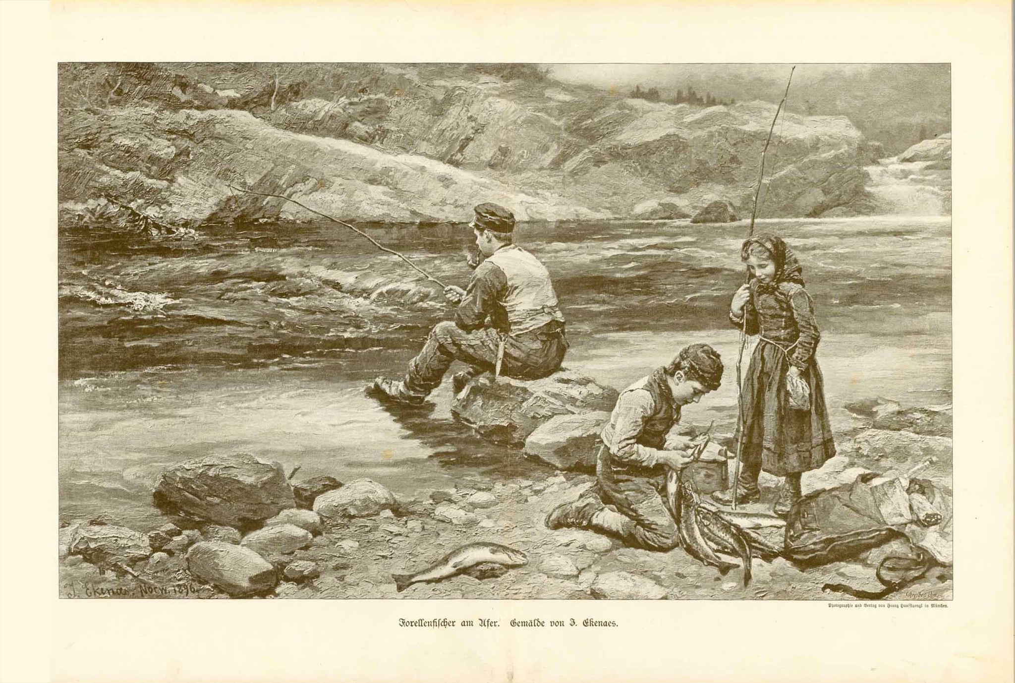  "Forellenfischer am Ufer" (trout fishing)  Wood engraving made after a photograph of painting by Jahn Ekenaes (1847-1920).  Original antique print , Forelle, Angeln, ANgler