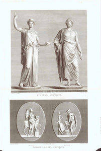 "Juno" - "Jupiter"  (Hera, Zeus)  Below: Two oval medallions with Roman soldiers.  Copper etching by Duval  after the drawing by Jean Baptiste Vicar (1762-1834)  Published in "Tableaux, statues, bas-reliefs et camees de la Galerie de Florence et du Palais Pitti"  Florence, 1789-1814