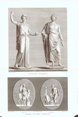 "Juno" - "Jupiter"  (Hera, Zeus)  Below: Two oval medallions with Roman soldiers.  Copper etching by Duval  after the drawing by Jean Baptiste Vicar (1762-1834)  Published in "Tableaux, statues, bas-reliefs et camees de la Galerie de Florence et du Palais Pitti"  Florence, 1789-1814