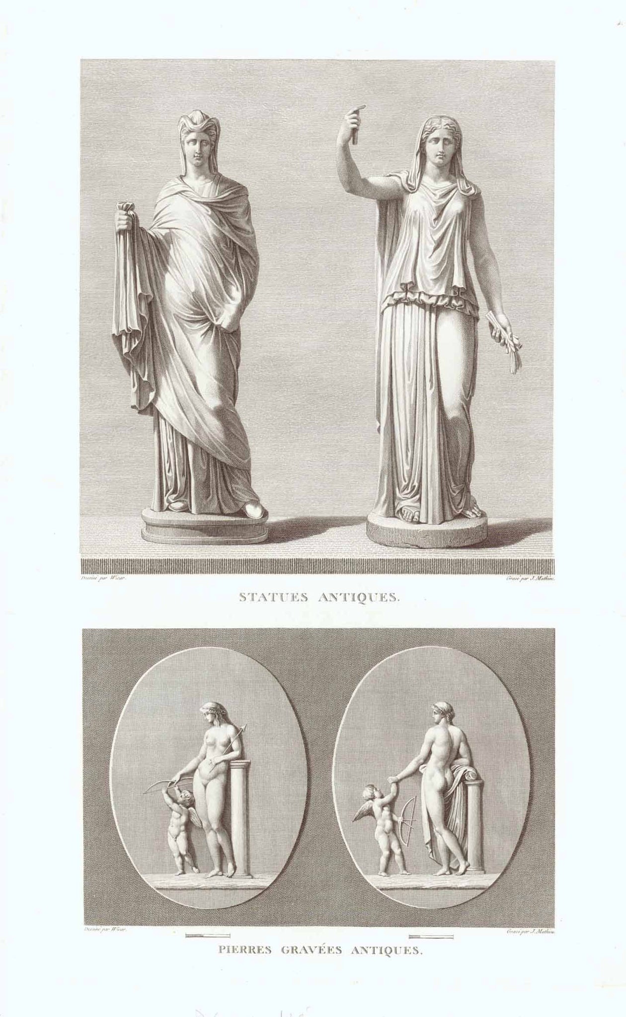 "Image of Loyalty" - "Statue einer Frau"  Below: Two medaillons showing Amor aiming his arrow at a young woman  Copper etchings by M. Mathieu  after the drawing by Jean Baptiste Vicar (1762-1834)  Published in "Tableaux, statues, bas-reliefs et camees de la Galerie de Florence et du Palais Pitti"  Florence, 1789-1814  Original antique print   Very good condition