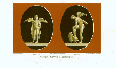 "Pierres Gravees Antiques"  "Amor" - "Mars"  Copper etching after the drawing by Jean Baptiste Vicar (1762-1834)  Gouache hand-colored  Published in "Tableaux, statues, bas-reliefs e camees de la Galerie de Flöorence et duy Palais Pitti"  Florence, 1789-1807  Minor signs of age and use in margins, otherwise fine condition.  Original antique print , interior design, wall decoration, ideas, idea, gift ideas, present, vintage, charming, special, decoration, home interior, living room design