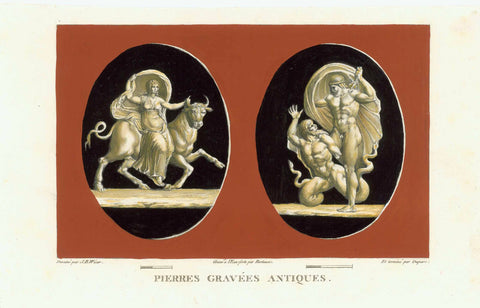 Galerie de Florence, Europa (Europe), Abraxas, Basilides  Europa and the bull" and "Dionysus and Abraxas", Abraxas shown here with snake legs  Copper etching by Jean Duplessis-Bertaux (1747-1820) and M. Alexandre Duparc (1760-1825)  after the drawing by Jean Baptiste Vicar (1762-1834)  Published in "Tableaux, statues, bas-reliefs et camees de la Galerie de Florence et du Palais Pitti"  Florence, 1789-1807