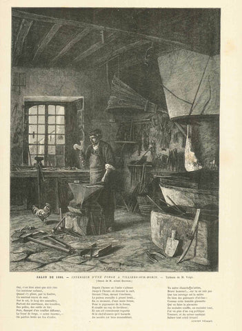"Interieur D'Une Forge a Villiers-Sur-Mobin"  Wood engraving by Albert Duvivier after a painting by Voight.  Published 1880. Below the image is a poem about a forger's work shop.  Original antique print 