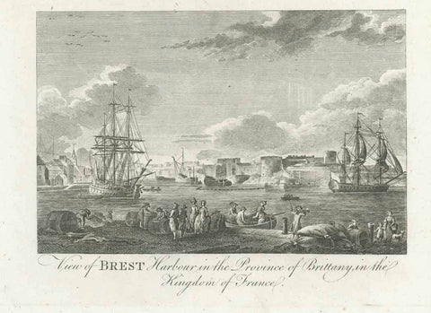 " View of Brest Harbour in the Province of Brittany in the Kingdom of France"  Copper etching engraved for "Bankes's New System of Geography, Published by Royal Authority". The prints were published by C. Cooke in London ca 1775. All prints have some light toning.  Original antique print 