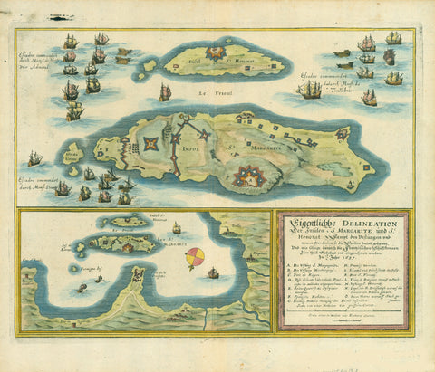 "Eigentliche Delineation Der Insulen S. Margarite und S. Honorat." Copper etching ca 1700. Anonymous. Modern hand coloring.  This very decorative and detailed map shows the islands of St. Margarite and St. Honorat at the top surrounded by historic sailing vessels. Near each group of ships is the name of the commanding officer. In the lower right is a numbered list of places and monuments corresponding to the numbers on the map. The map inset in the lower left is southwest oriented. North is at the bottom. O