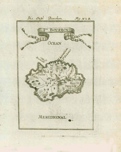 Ile. Bourbon (La Reunion)  Copper etching from "Descrption de L'Univers" by Allain Mallet. This map is from the German edition published in 1719. Map has light natural age toning. 