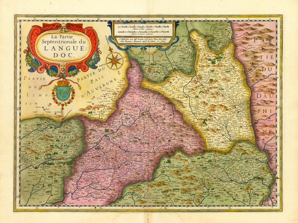 Antique Map, Antike Karte, Languedoc, Langue d'Oc, Cahors, Quercy, Aubin, Rodez, Rhone  Northern part of the Languedoc. Copper etching. Hand coloring.  Published by Jodocus junior and brother Heinrich Hondius. Amsterdam, 1632.